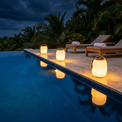 SunLume outdoor solar lanterns floating in pool at night