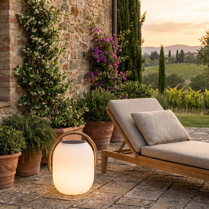 SunLume outdoor solar lantern on patio beside lounge chair