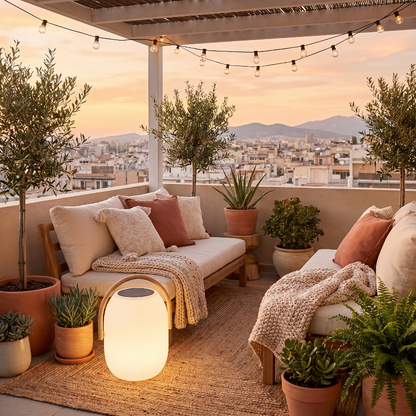 SunLume outdoor solar lantern on patio seating area with string lights