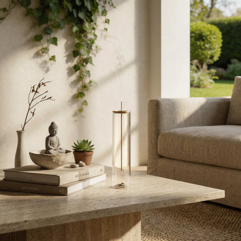 Suspended glass incense burner styled on console table with vase