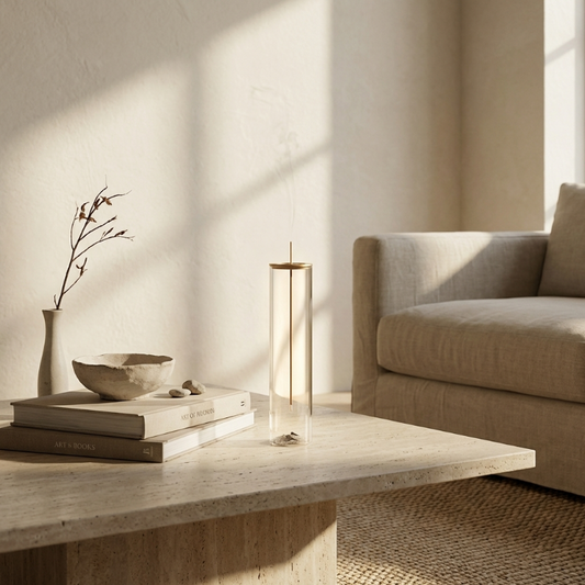 Suspended glass incense burner on coffee table in sunlit interior