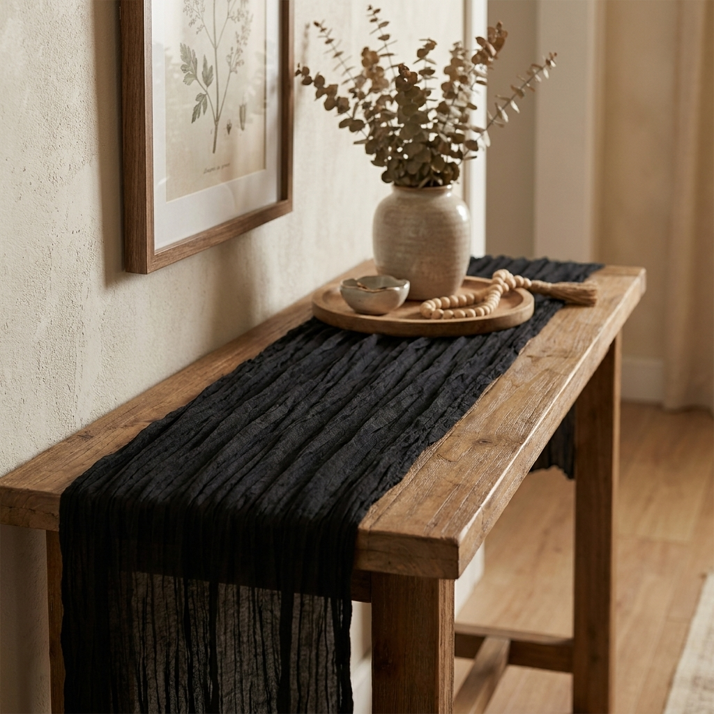 Black gauze table runner styled on an entryway console table, Kiyo Home 71-inch table runner