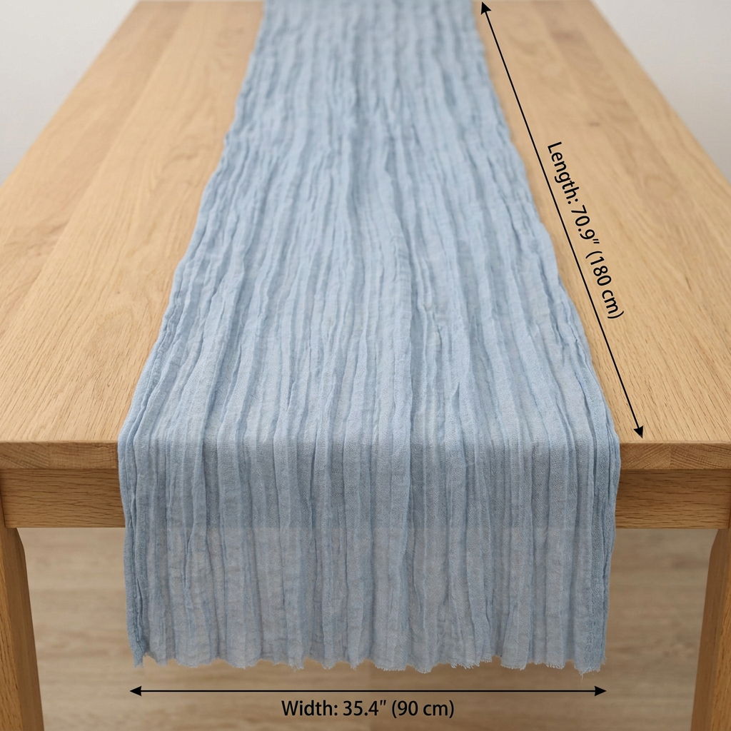 Dimensions of the Kiyo Home lightweight table runner, 71-inch dusty blue gauze runner