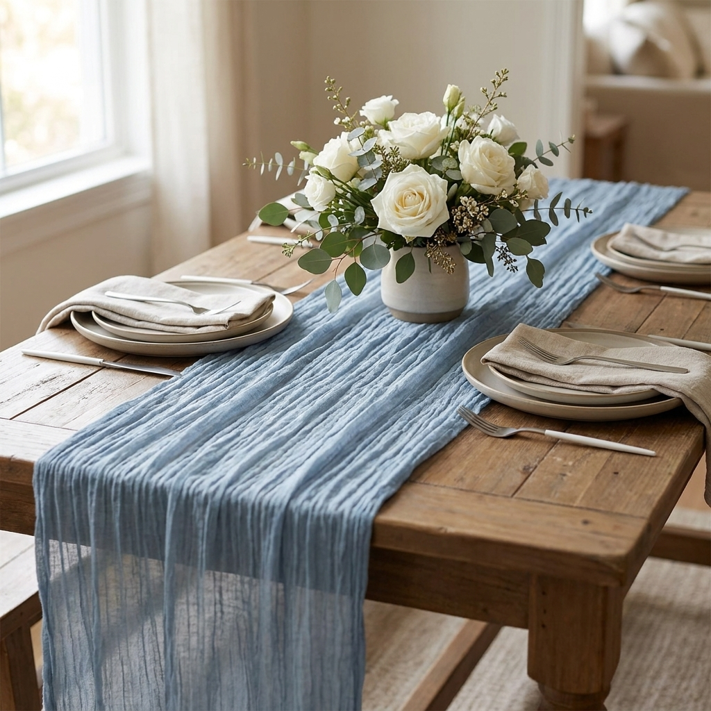 Dusty blue gauze table runner with white roses on a dining table, Kiyo Home 71-inch table runner
