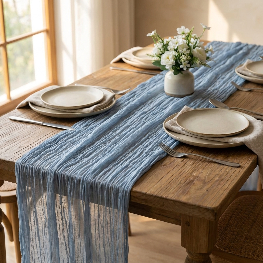 Dusty blue gauze table runner on a dining table by a window, Kiyo Home 71-inch table runner