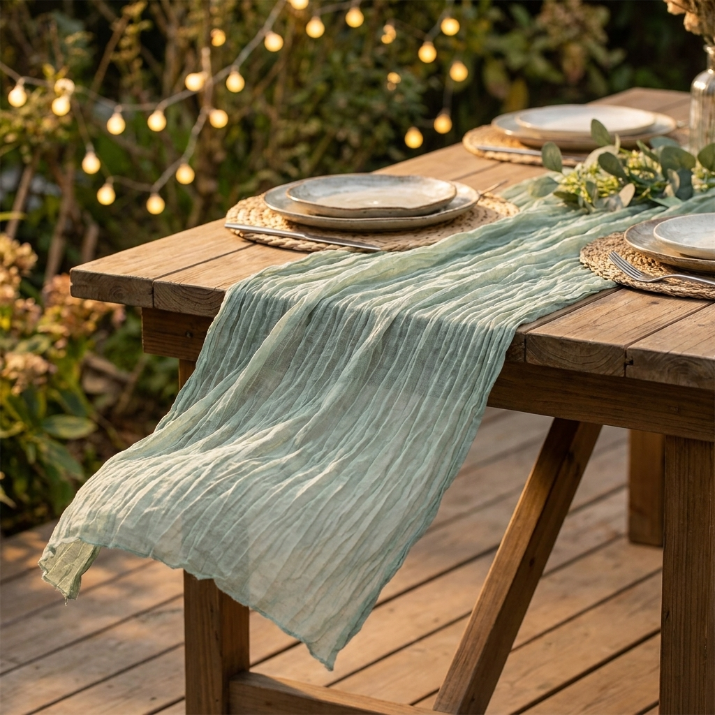 Sage green gauze table runner on an outdoor patio table with string lights, Kiyo Home 71-inch table runner
