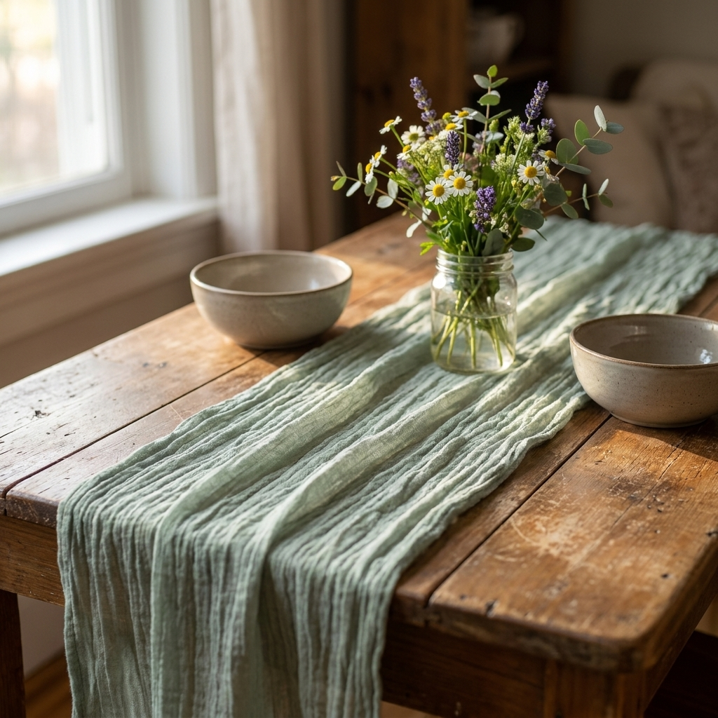 Sage green gauze table runner on a rustic table with wildflowers, Kiyo Home 71-inch table runner