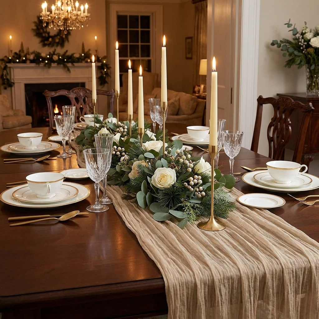 Nude beige gauze table runner on a candlelit dining table, Kiyo Home 71-inch table runner