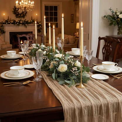 Nude beige gauze table runner on a candlelit dining table, Kiyo Home 71-inch table runner