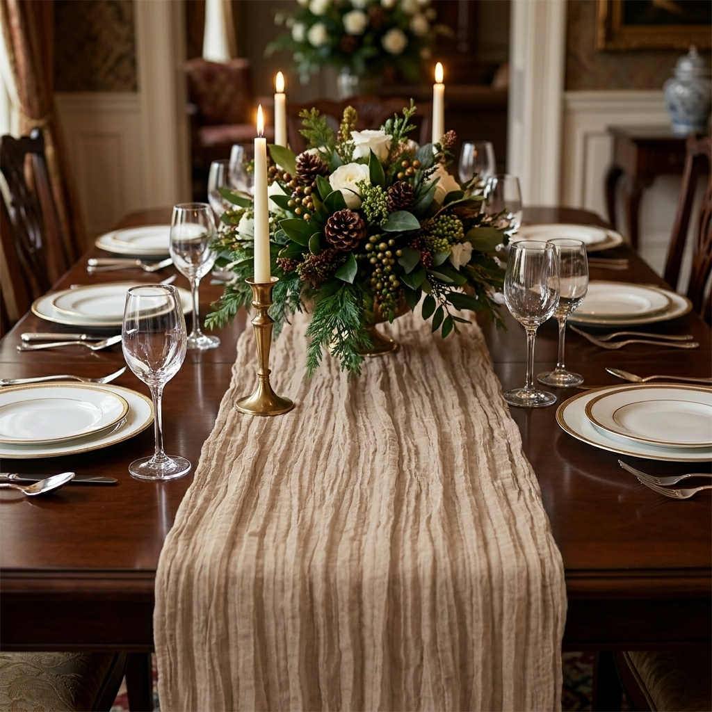 Nude beige gauze table runner on a formal dining table, Kiyo Home 71-inch table runner