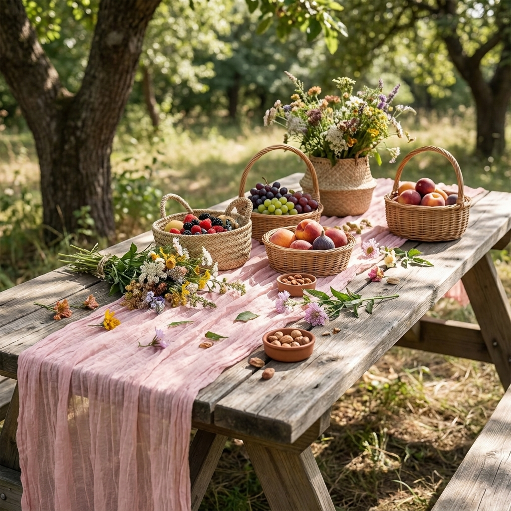 Pink gauze table runner on an outdoor orchard picnic table, Kiyo Home 71-inch table runner