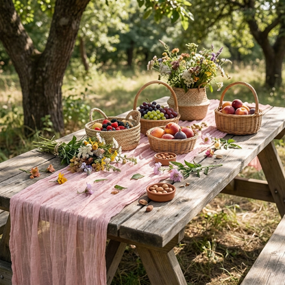 Pink gauze table runner on an outdoor orchard picnic table, Kiyo Home 71-inch table runner