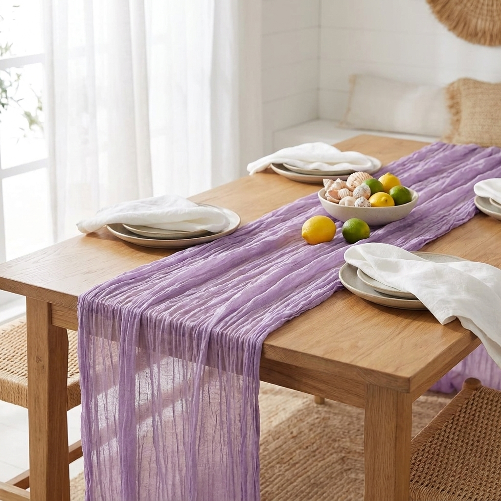 Purple gauze table runner on a bright airy dining table, Kiyo Home 71-inch table runner