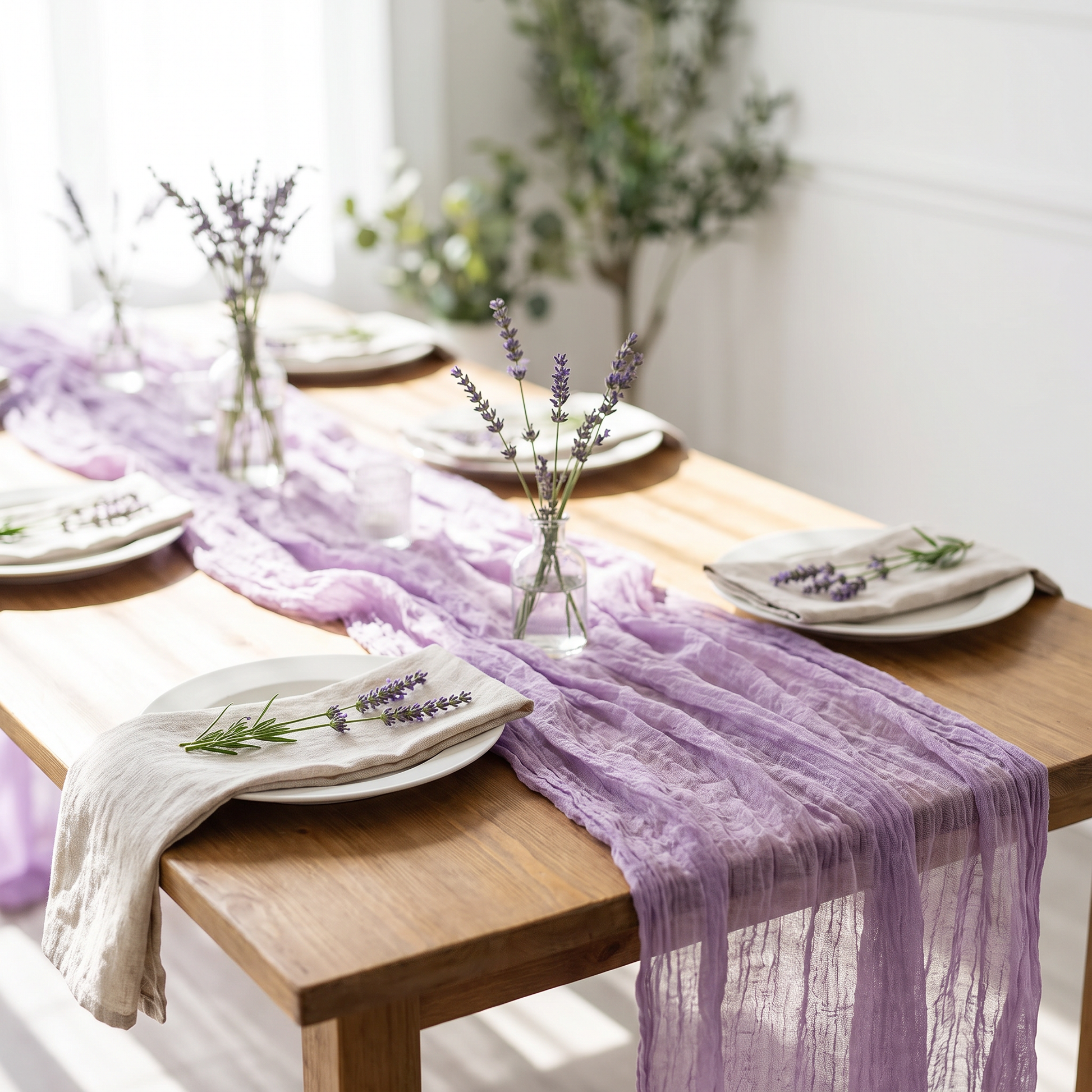 Purple gauze table runner with lavender sprigs on a dining table, Kiyo Home 71-inch table runner