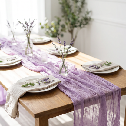 Purple gauze table runner with lavender sprigs on a dining table, Kiyo Home 71-inch table runner