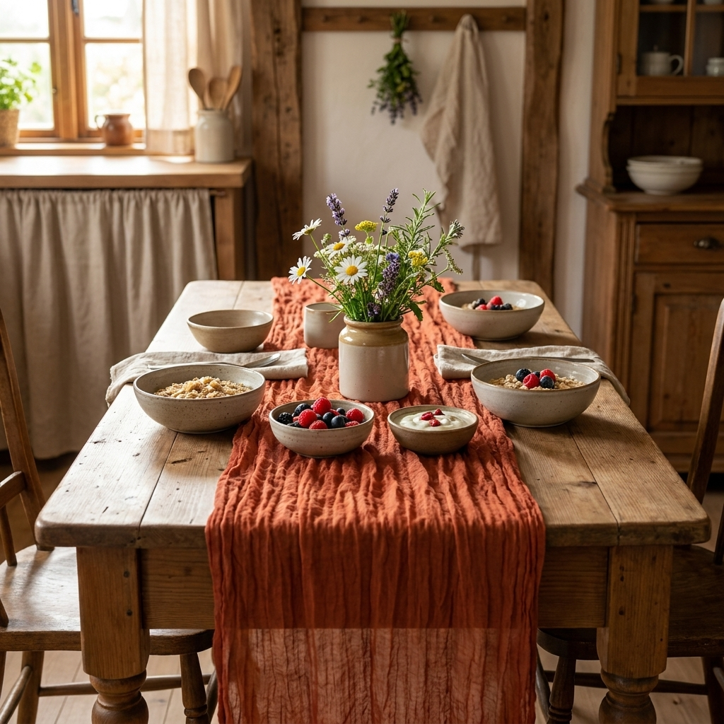 Terracotta gauze table runner on a breakfast table, Kiyo Home 71-inch table runner