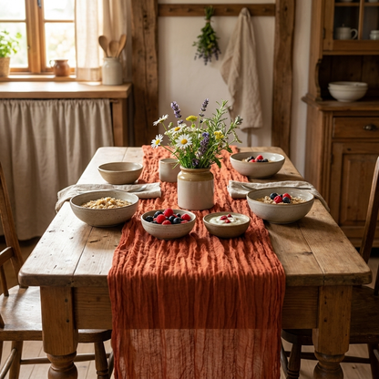 Terracotta gauze table runner on a breakfast table, Kiyo Home 71-inch table runner