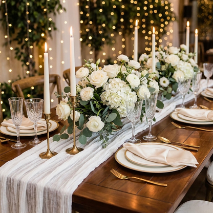 White gauze table runner on a wedding reception table, Kiyo Home 71-inch table runner