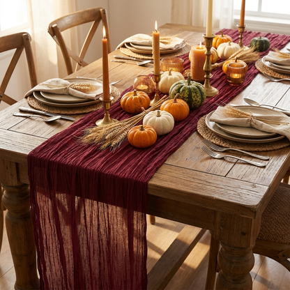 Wine burgundy gauze table runner on an autumn table with pumpkins, Kiyo Home 71-inch table runner