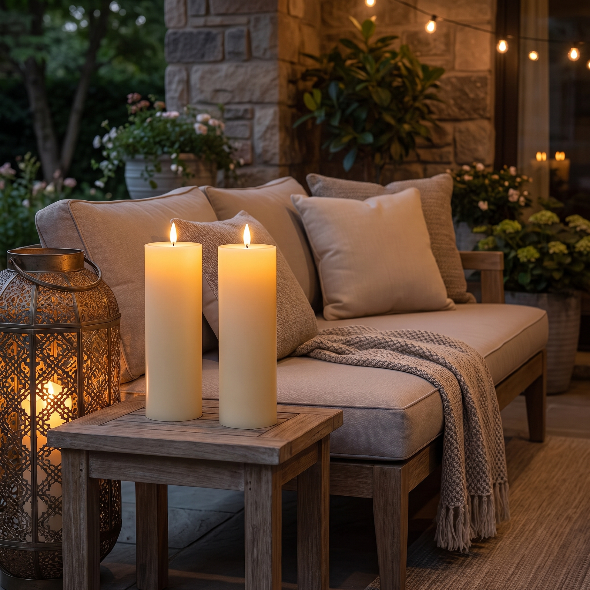 Two beige LED flameless candles glowing on a covered patio in the evening