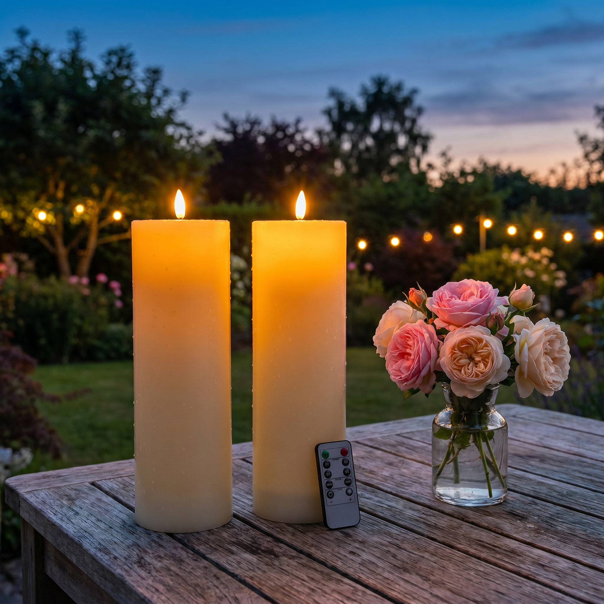 Two beige LED flameless candles on a garden table at dusk with roses