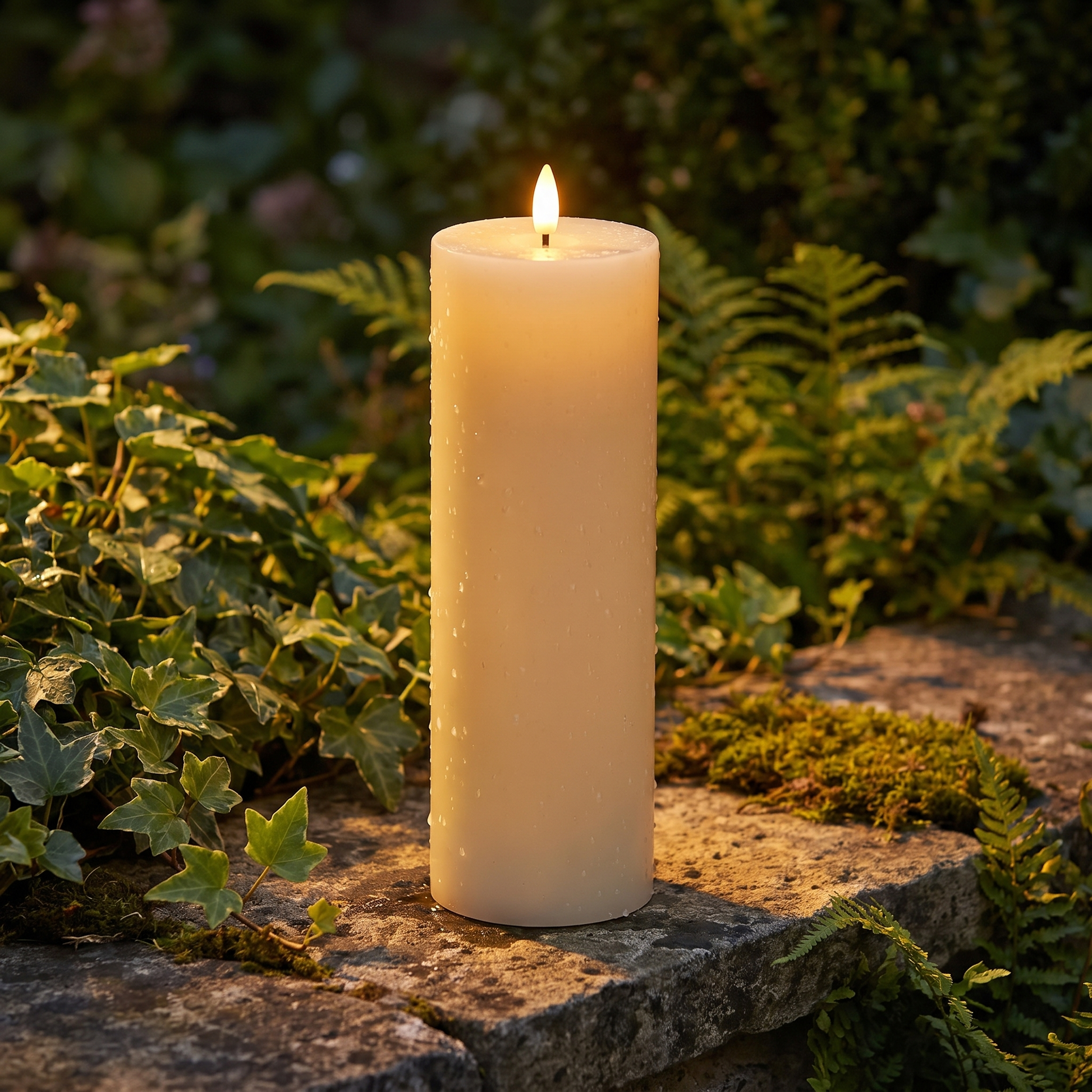 A single tall beige LED flameless candle glowing on a stone garden ledge