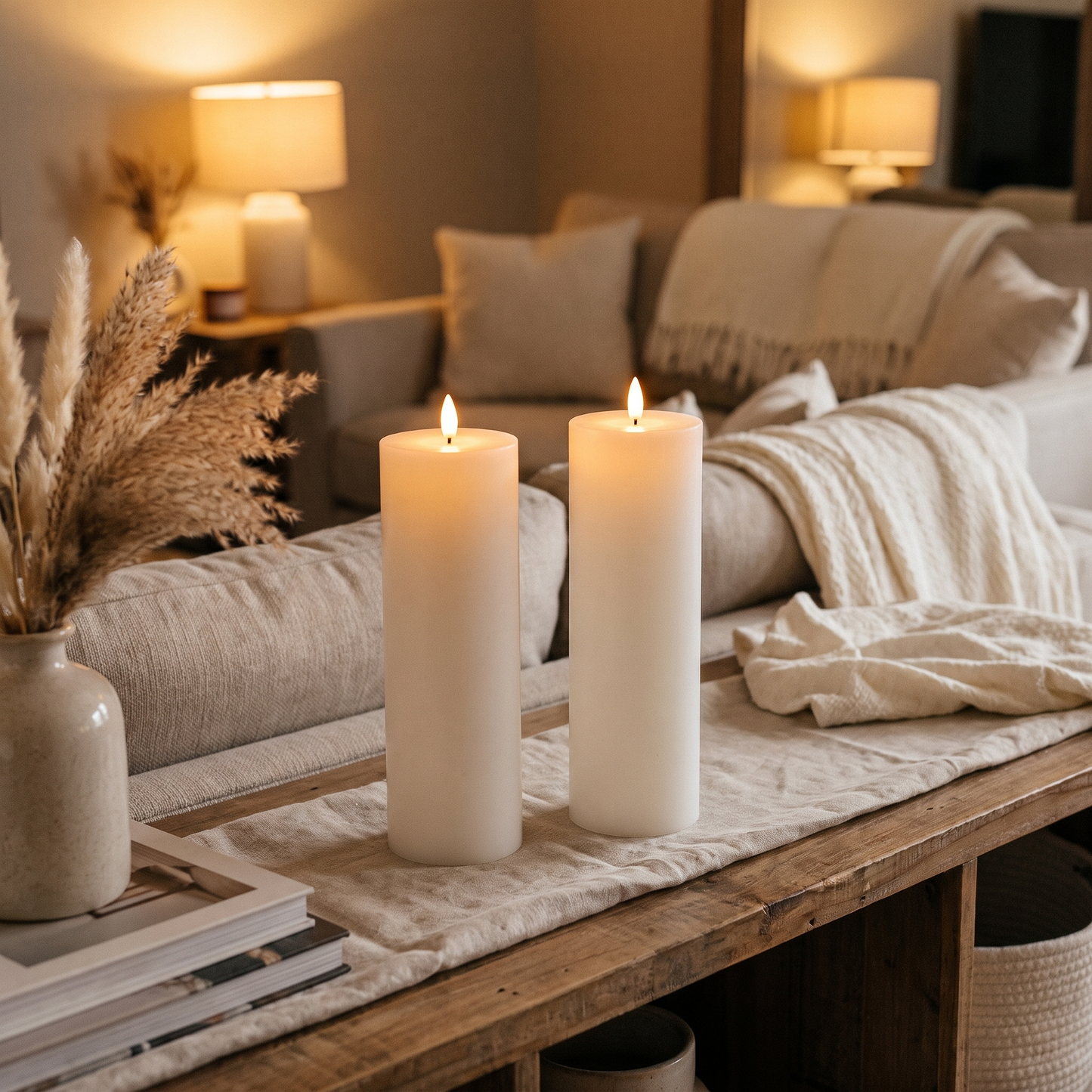 Two white LED flameless candles glowing indoors on a living room console