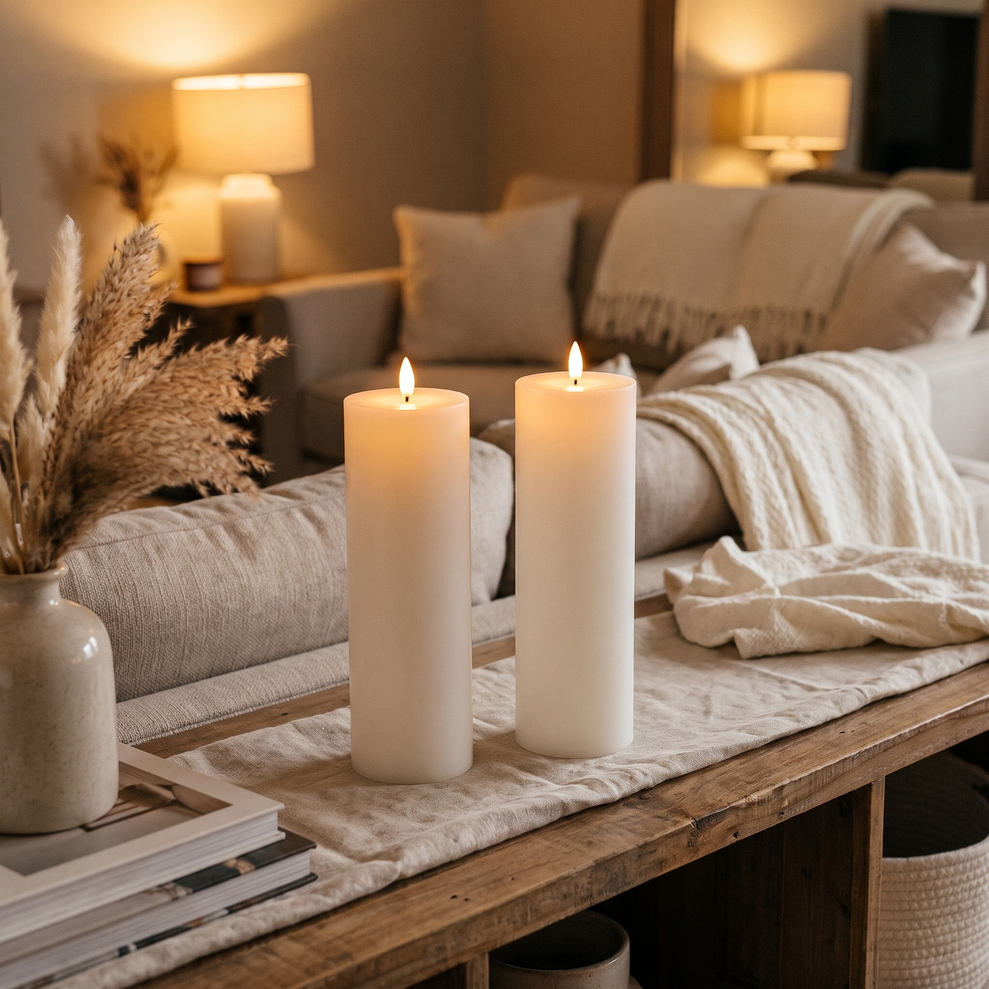 Two white LED flameless candles glowing indoors on a living room console