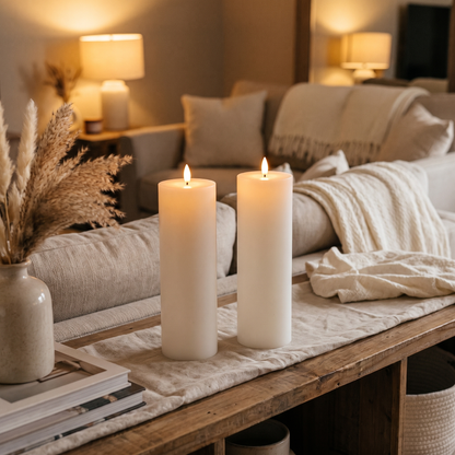 Two white LED flameless candles glowing indoors on a living room console