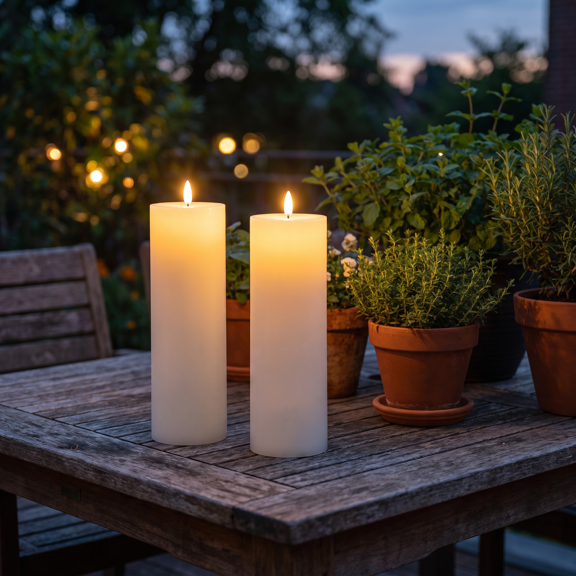 Two white LED flameless candles glowing on a wooden patio table at dusk with potted plants