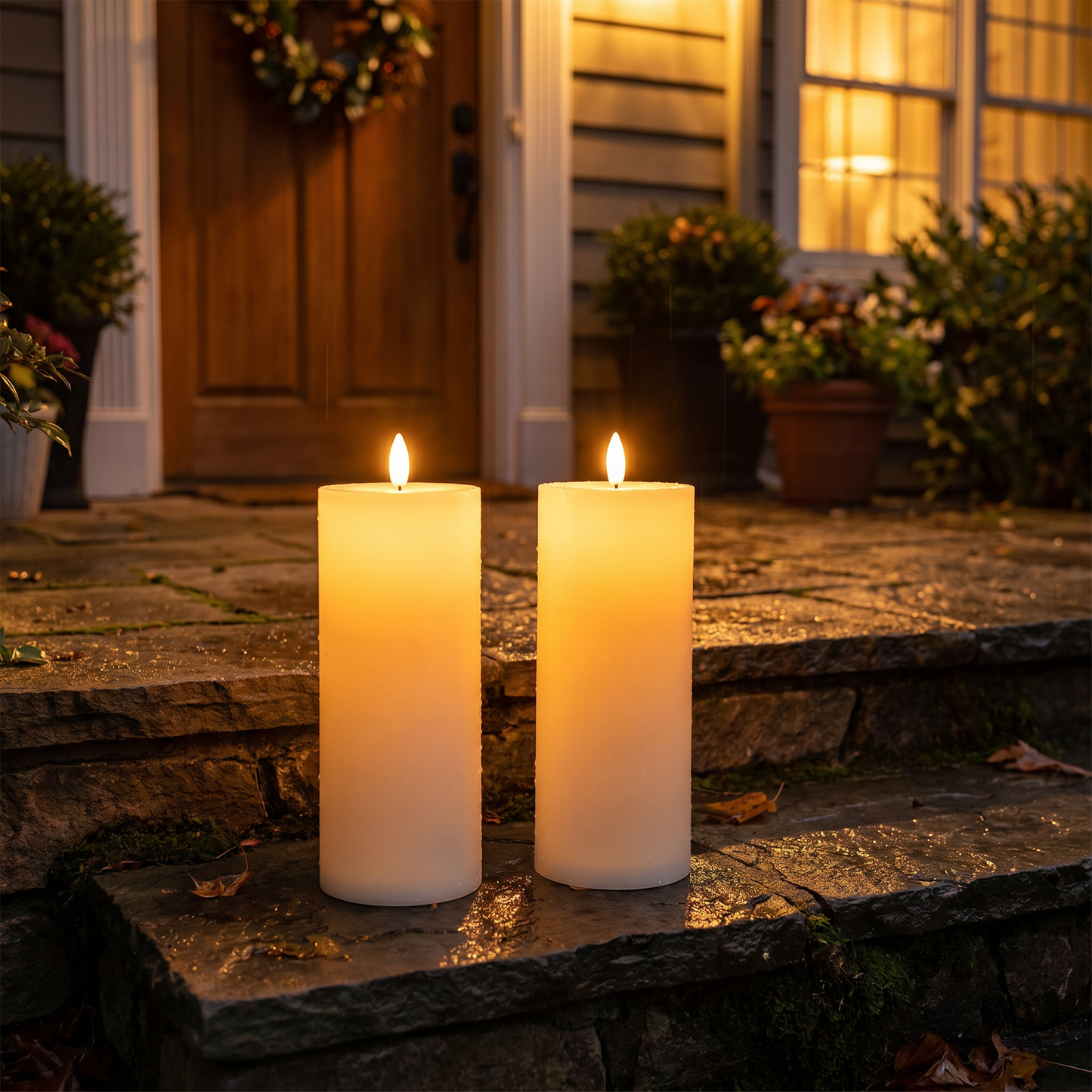 Two white LED flameless candles glowing on front porch stone steps at night