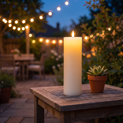 A single tall white LED flameless candle glowing on an outdoor table with string lights