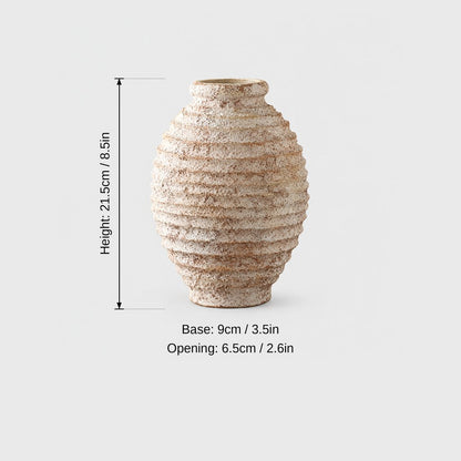 Large textured cream and tan ridged vase with a narrow rim, dimensions graphic: height 21.5 cm or 8.5 in, base 9 cm or 3.5 in, opening 6.5 cm or 2.6 in