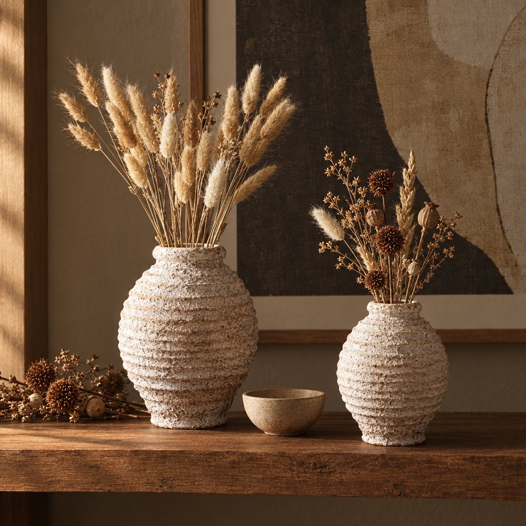 Large and small textured cream ridged vases side by side on a wooden shelf, the large one with tall pale dried grass plumes and the small one with dried stems and brown seed pods, with a small bowl between them and framed art behind