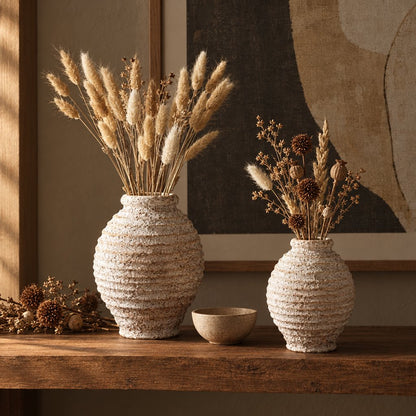 Large and small textured cream ridged vases side by side on a wooden shelf, the large one with tall pale dried grass plumes and the small one with dried stems and brown seed pods, with a small bowl between them and framed art behind