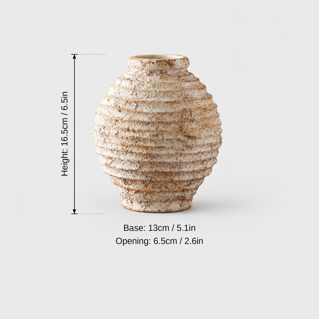 Small textured cream and tan ridged vase with a narrow rim, dimensions graphic: height 16.5 cm or 6.5 in, base 13 cm or 5.1 in, opening 6.5 cm or 2.6 in