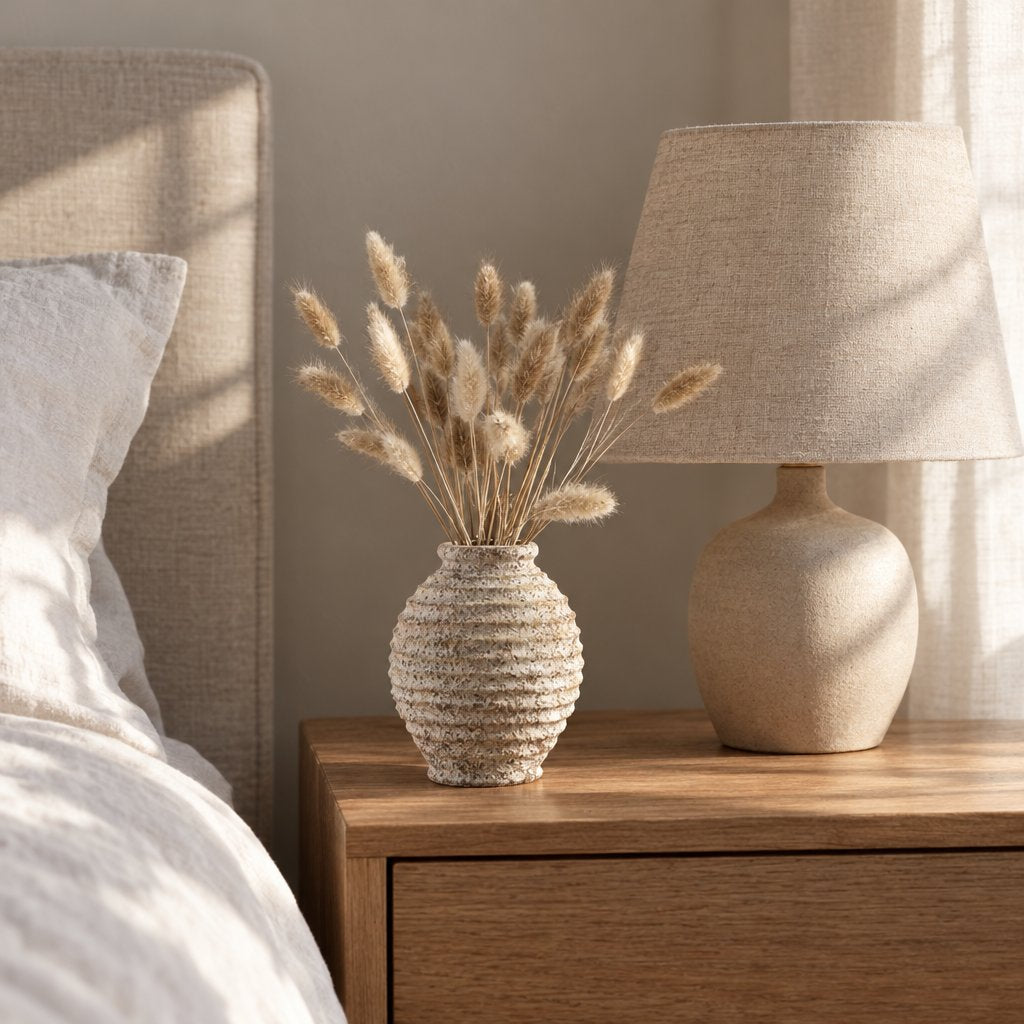 Small textured cream ridged vase with soft fluffy dried grass on a wooden bedside table next to a lamp with a linen shade and white bedding