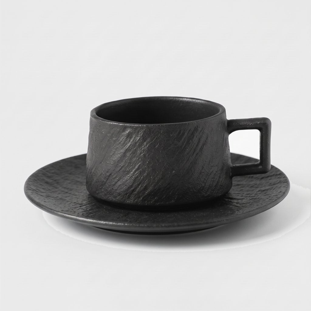 Black textured ceramic cup on a matching saucer on a plain light background