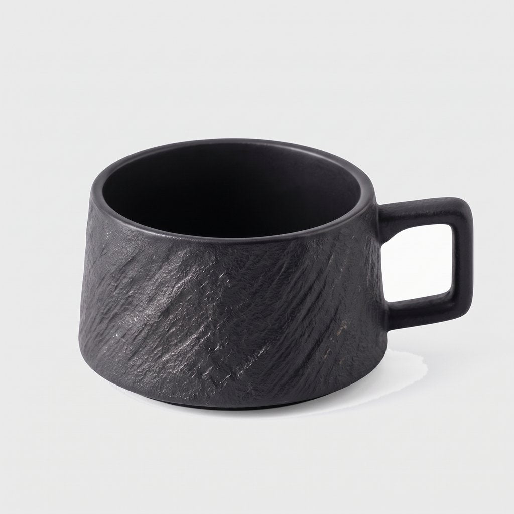 Black textured ceramic cup on a plain light background