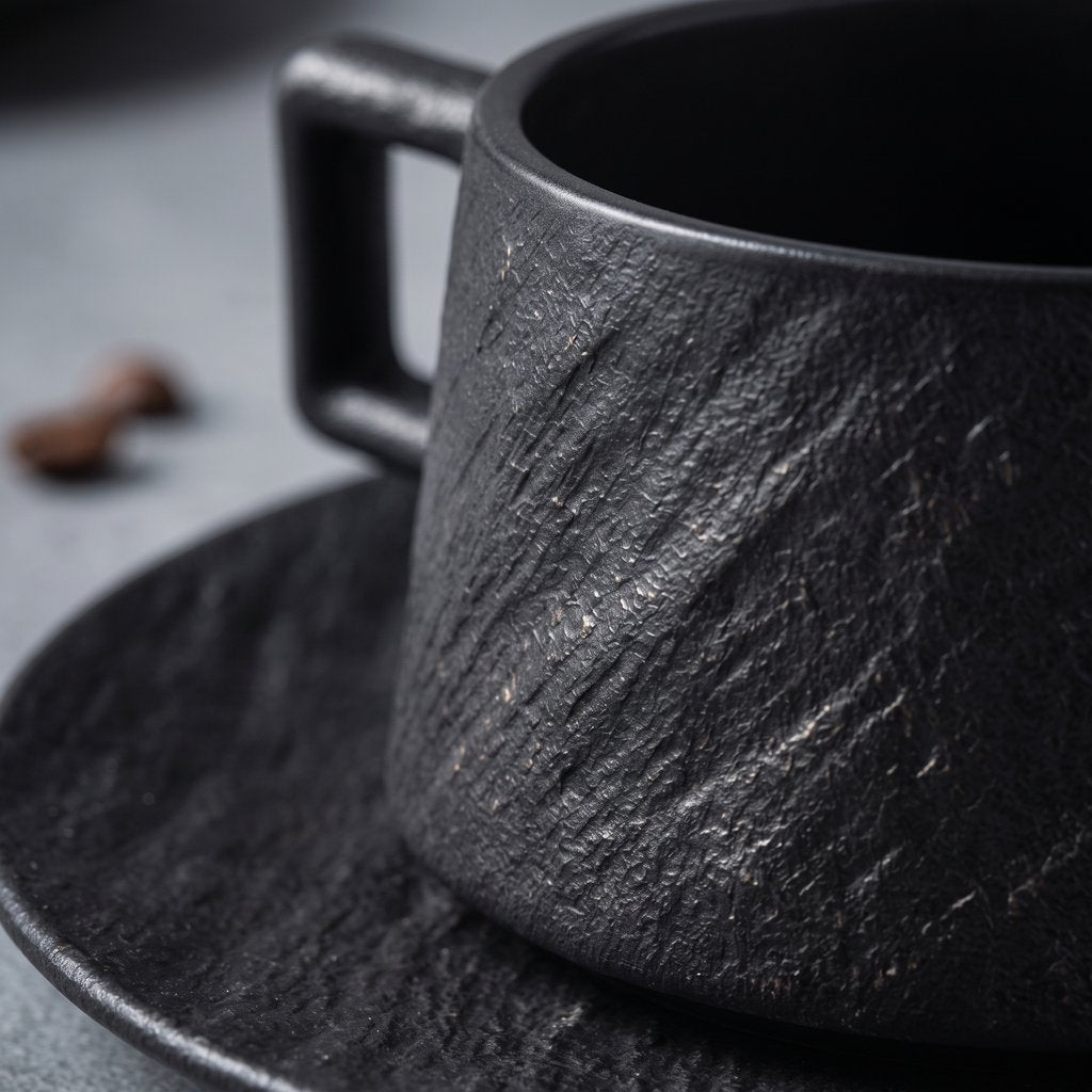 Close-up of the diagonal stone-like texture on a black ceramic cup and saucer