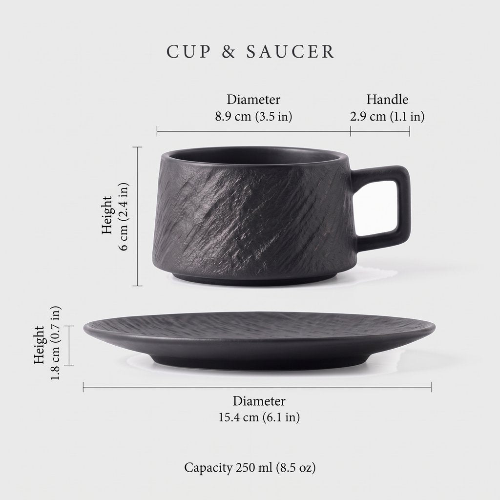 Dimensions graphic of a black textured ceramic cup and saucer, cup diameter 8.9 cm or 3.5 in, cup height 6 cm or 2.4 in, handle 2.9 cm or 1.1 in, saucer diameter 15.4 cm or 6.1 in, saucer height 1.8 cm or 0.7 in, capacity 250 ml or 8.5 oz