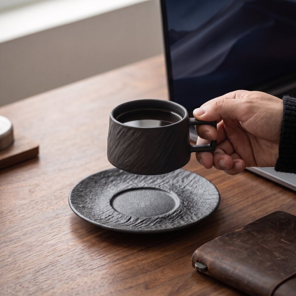 Hand holding a black textured ceramic cup over a matching saucer on a wood desk beside a laptop and a leather notebook
