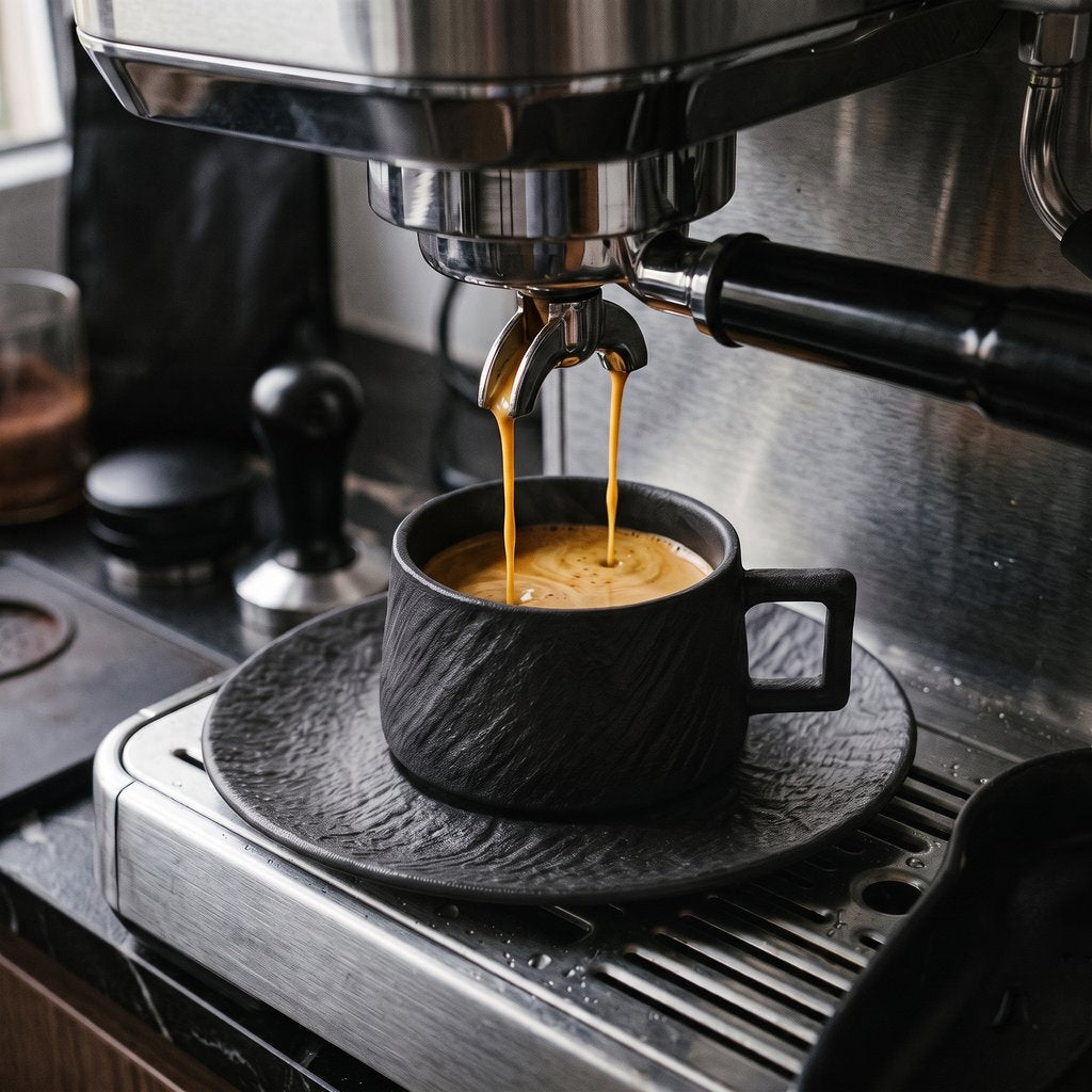 Black textured ceramic cup on a matching saucer under an espresso machine portafilter with coffee pouring in