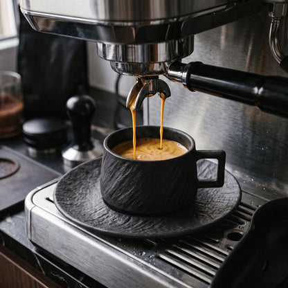 Black textured ceramic cup on a matching saucer under an espresso machine portafilter with coffee pouring in