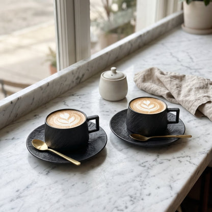 Two black textured ceramic cups and saucers with lattes and gold spoons on a white marble window ledge beside a small lidded pot and a linen cloth
