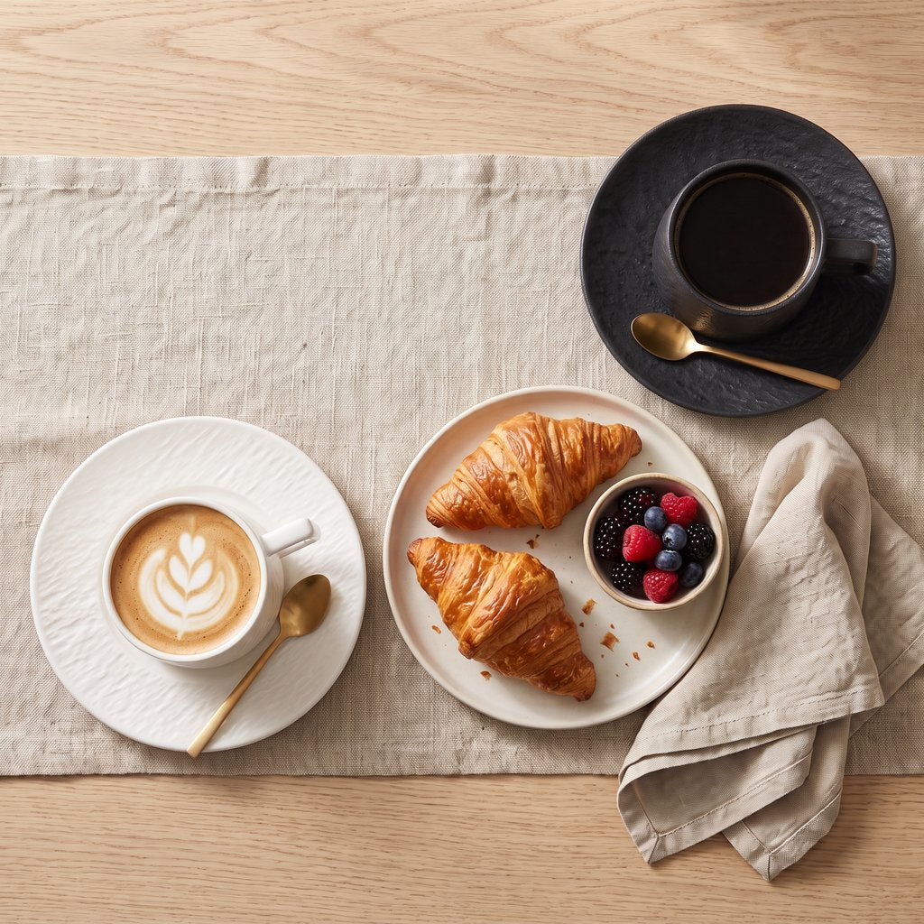 Overhead view of a white textured ceramic cup with a latte and a black cup and saucer with black coffee, beside a plate of croissants and berries on a linen runner