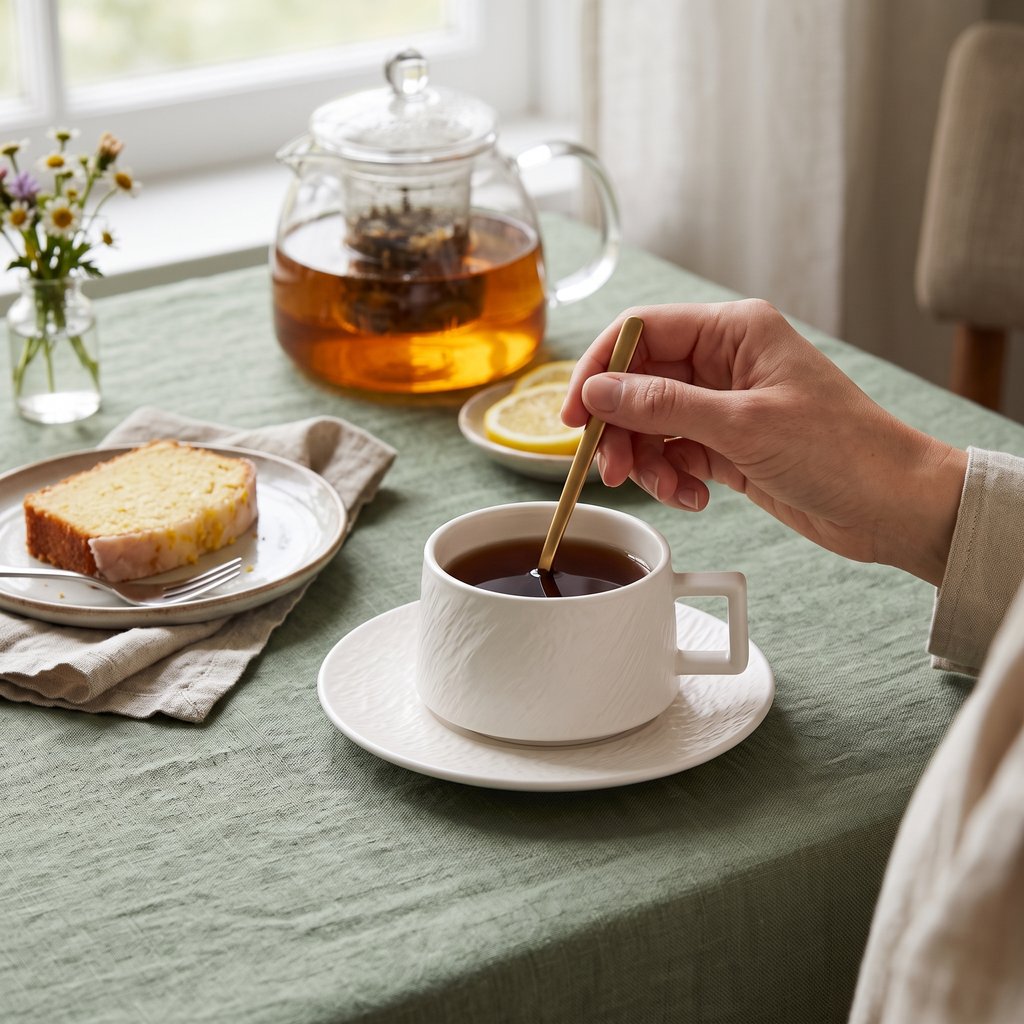 Hand stirring tea in a white textured ceramic cup and saucer on a table with a green linen cloth, beside a glass teapot, a slice of loaf cake and a vase of small flowers