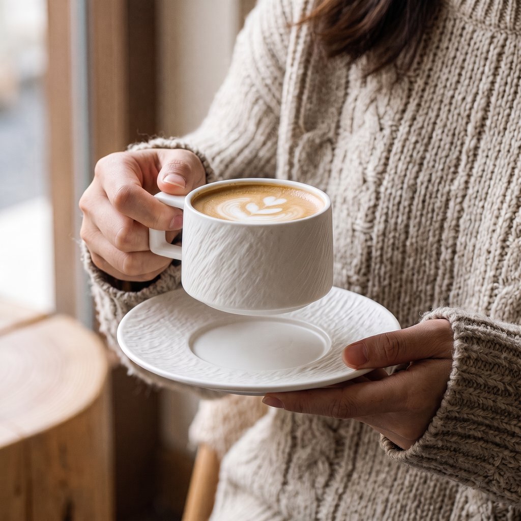 Hands holding a white textured ceramic cup with a latte on a saucer, in a cable knit sweater
