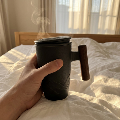 Thermal mug with wood handle held in hand in warm natural light