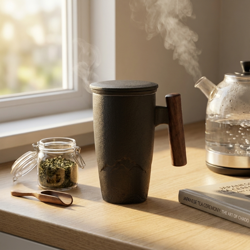 Thermal mug with wood handle on windowsill beside diffuser and glass